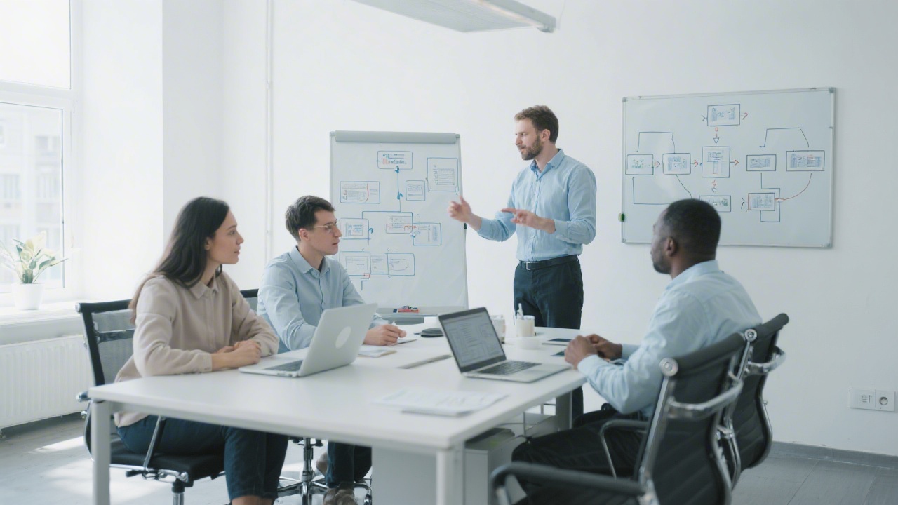 Bright modern office with a small consulting team collaborating around a table, whiteboards with process maps, and laptops showing project plans