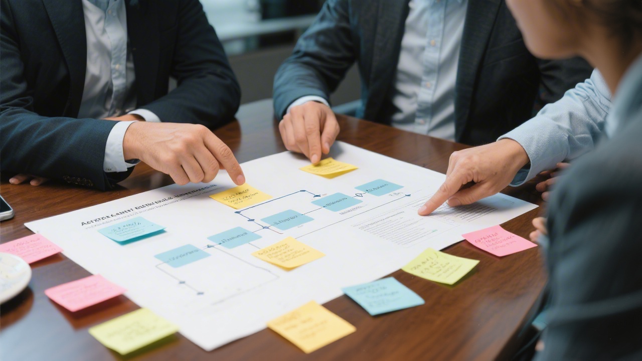 Consultants reviewing a printed process map with sticky notes on a table, highlighting iterative improvements and collaborative planning for agency operations