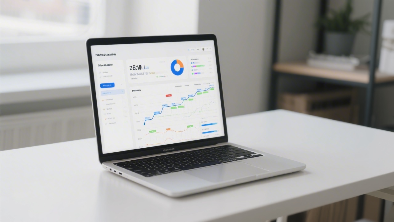 Open laptop showing analytics dashboard and project timeline on a clean desk, representing a digital agency case study with data-driven operations and project tracking