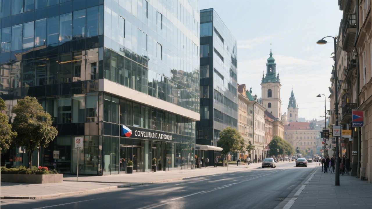 Prague city view with modern business buildings and street, representing a Czech consulting agency location in a professional urban environment