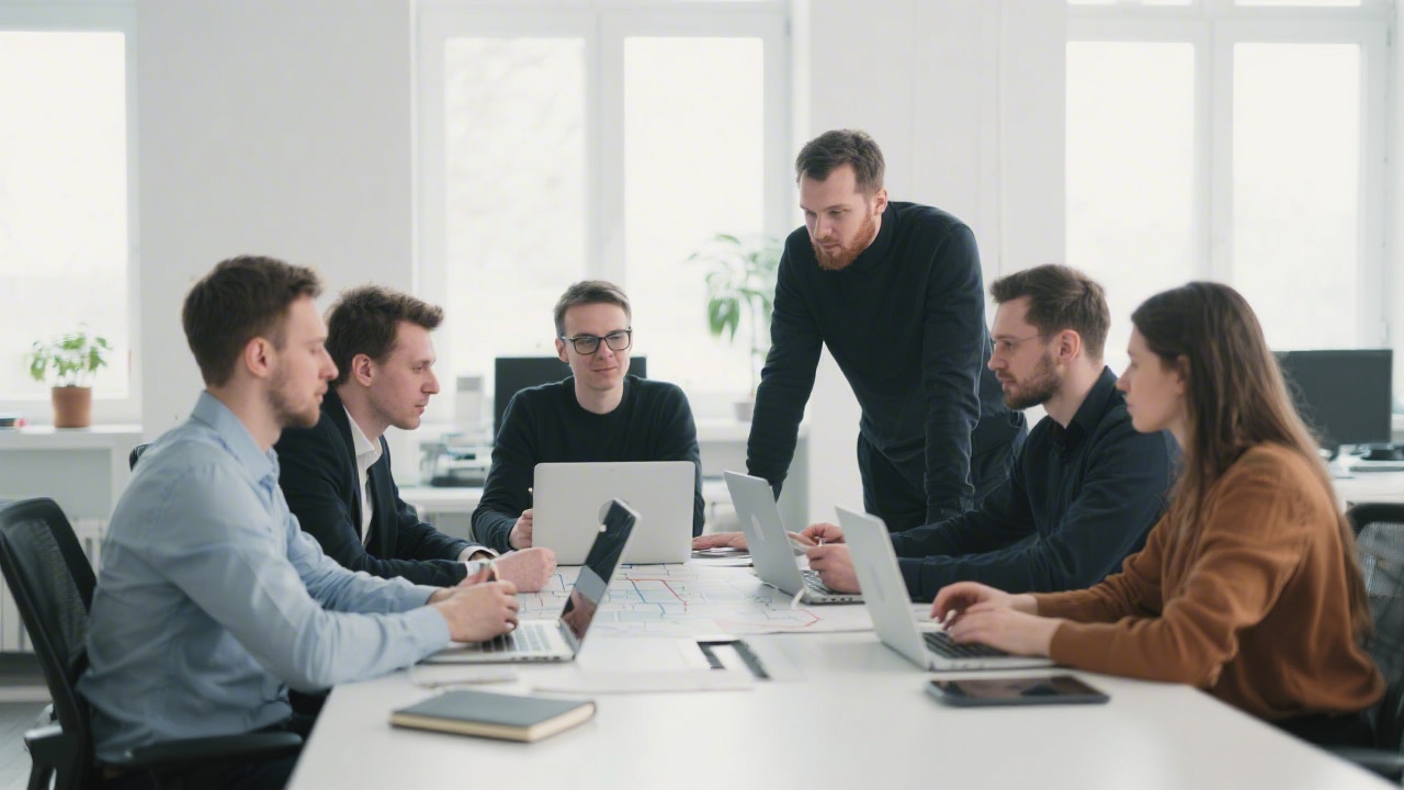 Modern Czech digital agency team discussing a project roadmap on laptops in a bright office, showcasing collaboration, focus, and clean workspace with notebooks and tablets