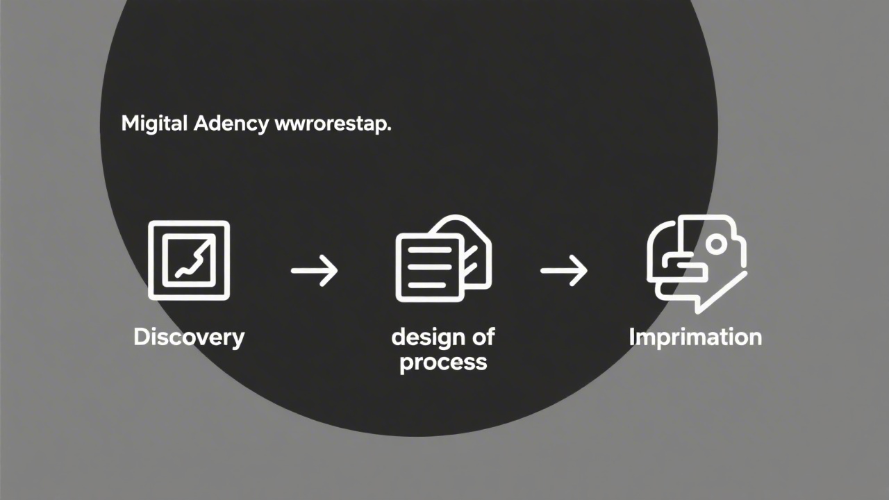 Clean line-art illustration showing three steps of a digital agency workflow, including discovery, design of processes, and implementation with simple icons and arrows