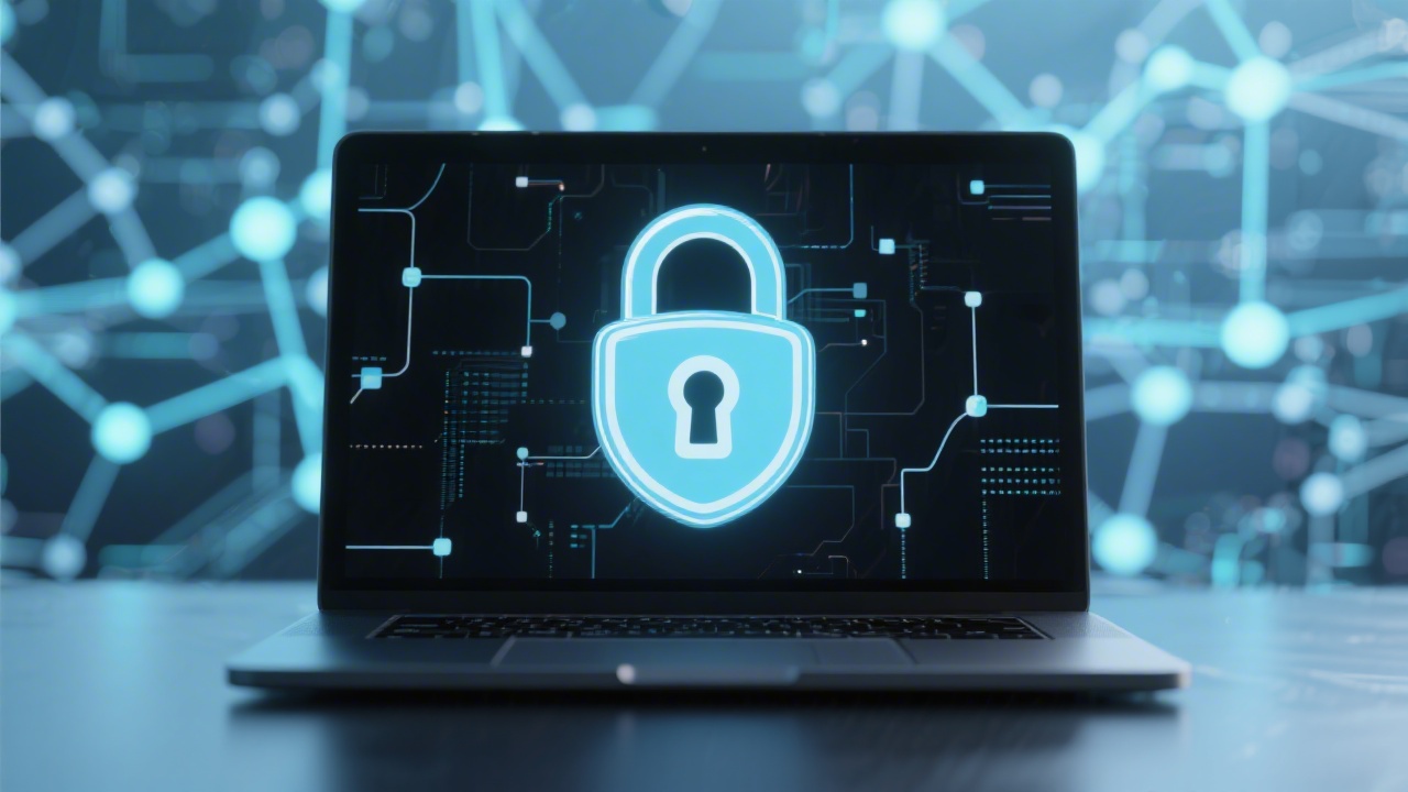 Secure digital lock icon displayed on a laptop screen with abstract network background, representing data protection, privacy practices, and secure information handling