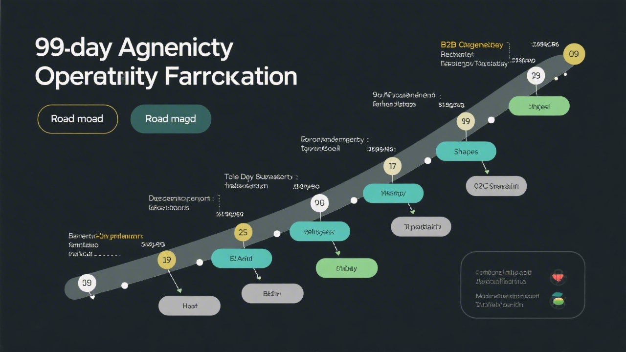 Roadmap diagram for a 90-day agency operational framework with clear phases, milestones, and timeline markers in a modern B2B presentation style