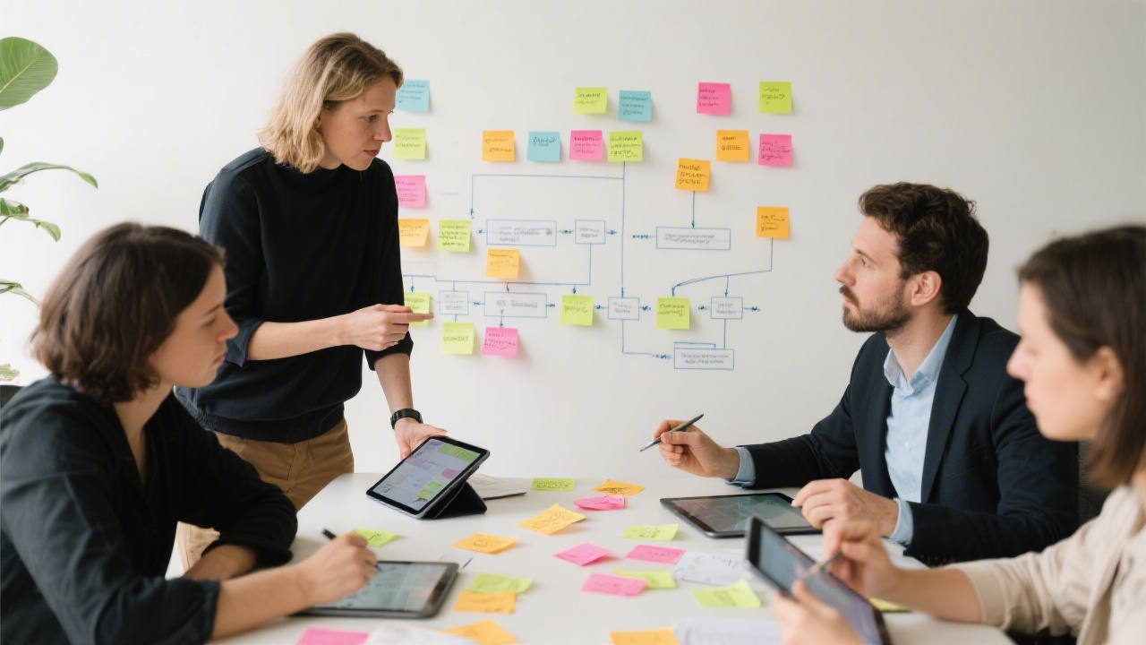 Consulting workshop with agency founders using sticky notes and digital tablets to map workflows, emphasizing process alignment and collaborative planning