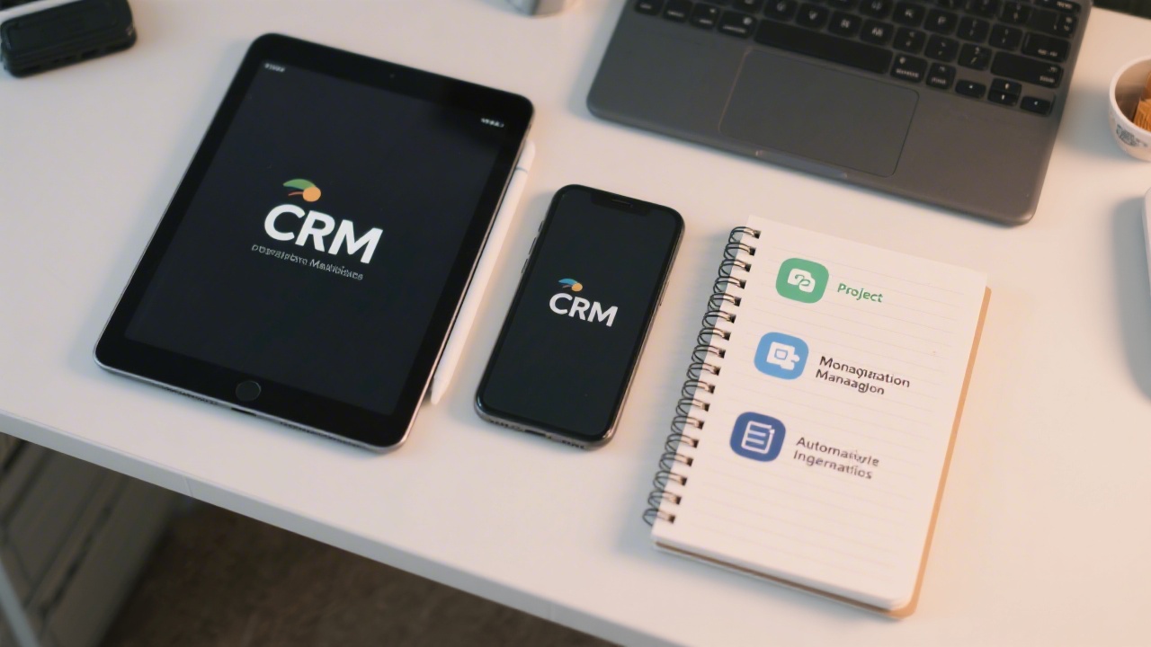 Flat lay of digital tools on a desk including tablet, phone, and notebook with icons representing CRM, project management, and automation integrations for agencies